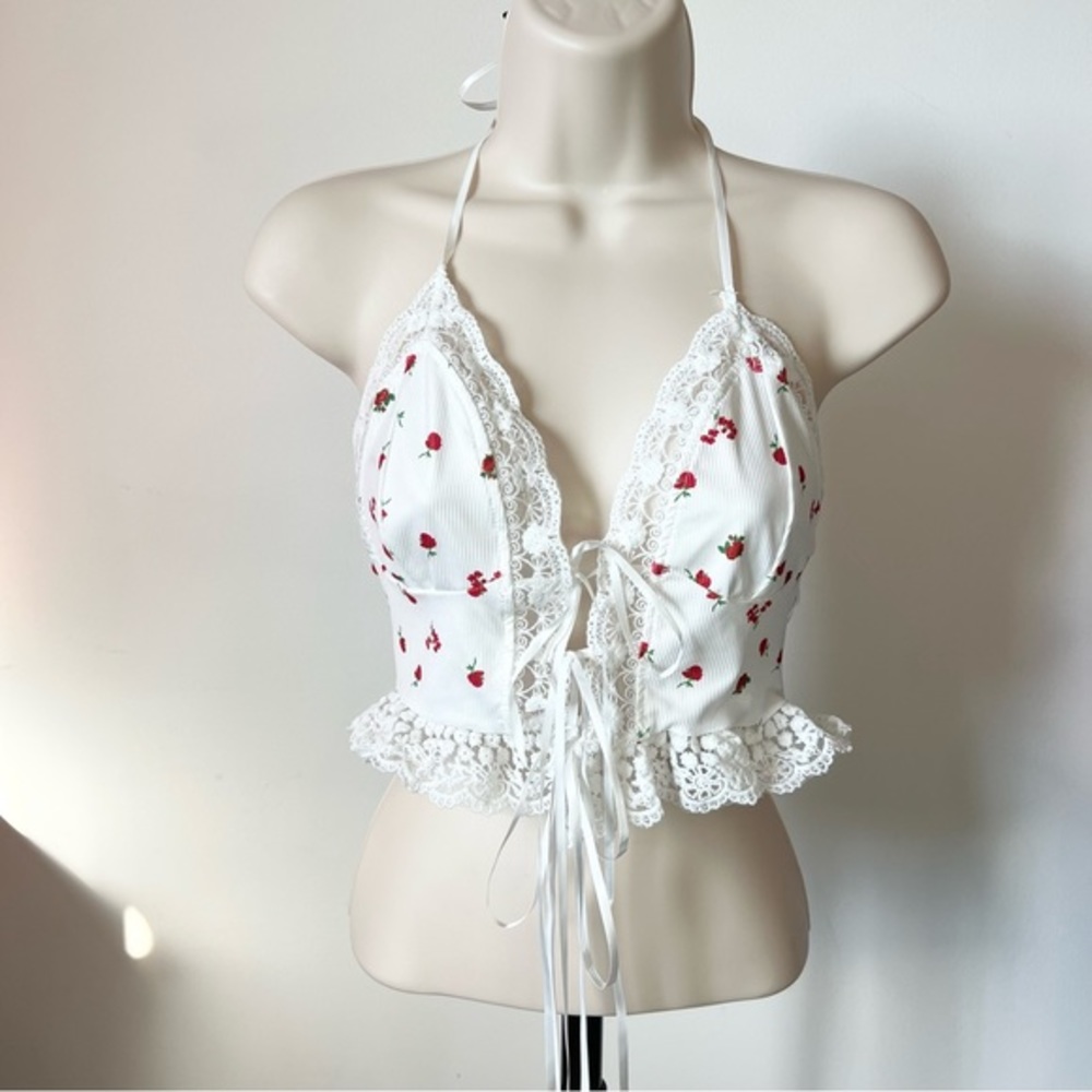 lace trim halter top white red rose‎ adjustable ties SHEIN Size XS